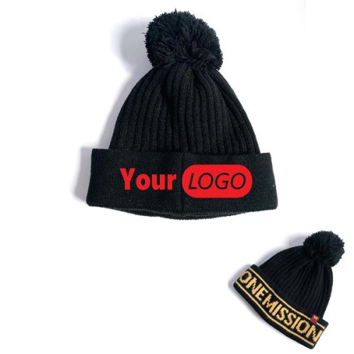 Knit Beanie with Pom and Cuff (Embroidery Logo)